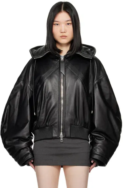 Attico Black Leather Bomber Jacket