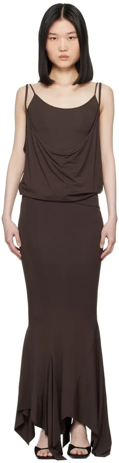 Attico Brown Layered Midi Dress In 204 Dark Brown