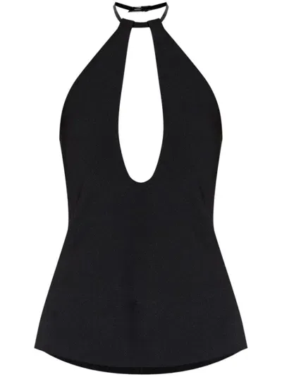 Attico Chic Halter Neck Top With Deep Plunge And Elegant Back Detail In Black