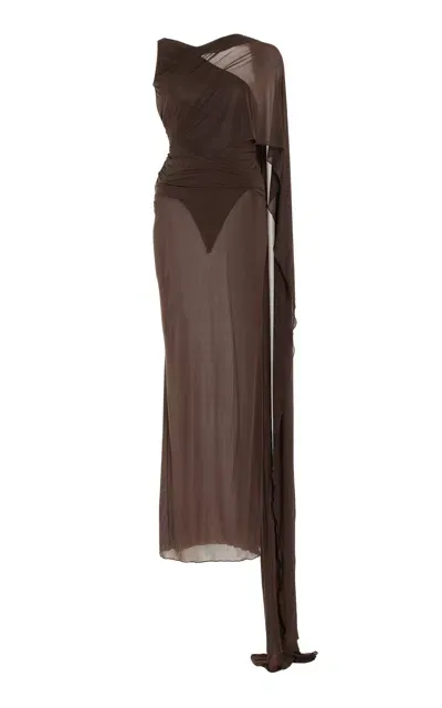 Attico Fringe-detailed Silk Halter Maxi Dress In Brown