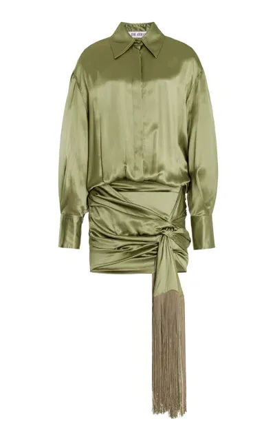 Attico Fringe-detailed Silk Mini Shirt Dress In Green