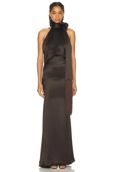 Attico Fringe Long Dress In Dark Brown