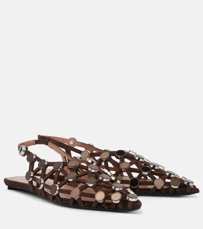 Attico Grid Embellished Suede Slingback Flats In Brown