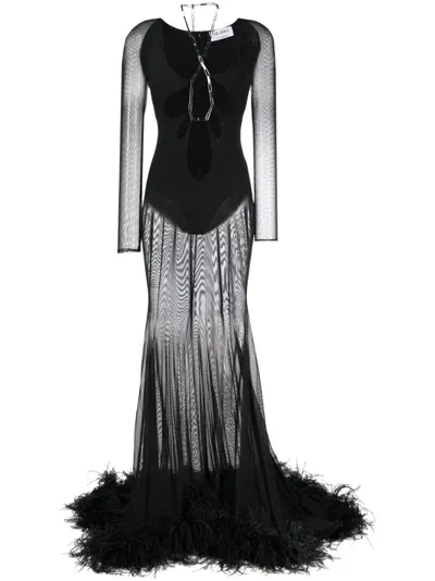 Attico Feather-trimmed Cutout Gown In Black