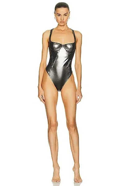 Attico Metallic One Piece Swimsuit In Dark Silver