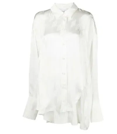 Attico Milk White Asymmetric Satin Shirt With Monogram Jacquard And Classic Collar For Women In Beige