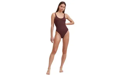 Au Naturel By Gottex Solid Textured Scoop Neck One Piece Swimsuit With Low U Back In Brunette