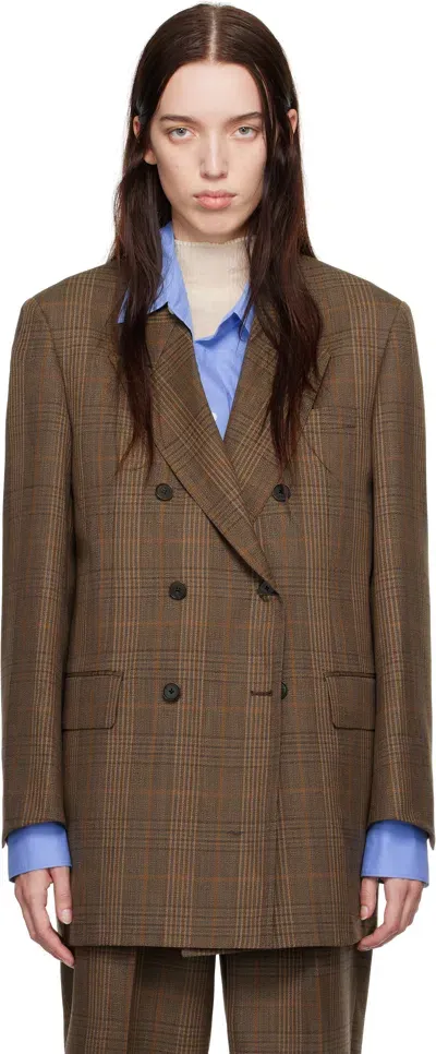 Auralee Brown Bluefaced Wool Check Double-breasted Blazer In Brown Check