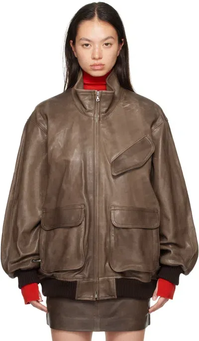 Auralee Brown Heavy Lamb Leather Zip Jacket In Dark Brown