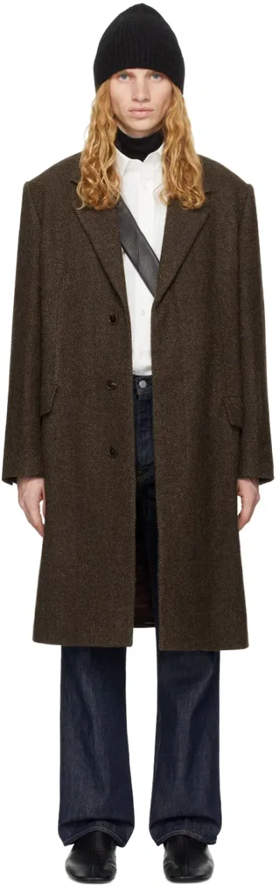 Auralee Brown Lama Shetland Wool Tweed Chesterfield Coat In Brown Tweed