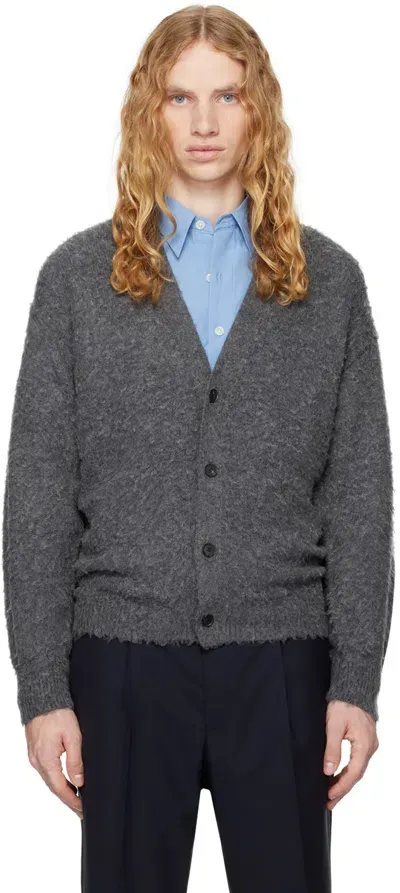 Auralee Gray Brushed Wool Cashmere Silk Cardigan