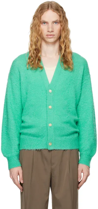 Auralee Green Brushed Wool Cashmere Silk Cardigan In Aqua Green