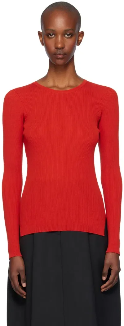 Auralee Red Wool Soft Rib Crew Neck Sweater