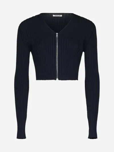 Auralee Navy Zip Cardigan In Dark Navy