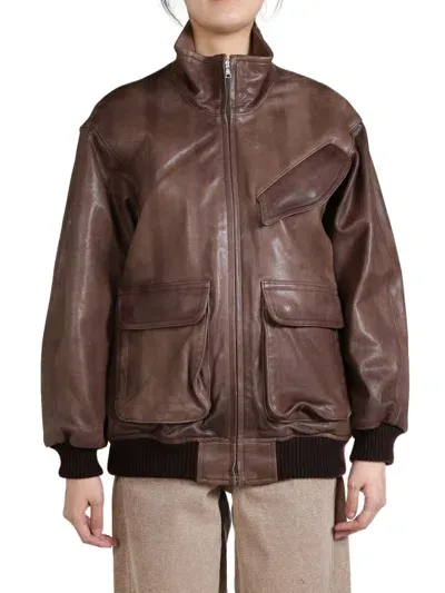 Auralee Zip-up Leather Jacket In Brown