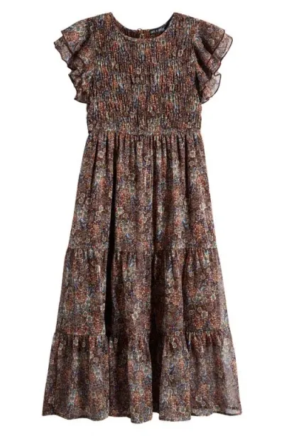 Ava & Yelly Kids' Chiffon Smocked Ruffle Maxi Dress In Brown