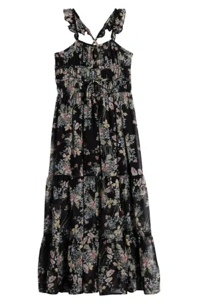 Ava & Yelly Kids' Floral Ruffle Strap Maxi Dress In Black