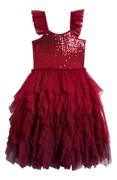 Ava & Yelly Kids' Sequin Tiered Ombré Tulle Party Dress In Burgundy Red