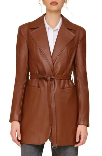 Avec Les Filles Faux-ever Leather™ Strong Shoulder Belted Blazer In Cherrywood