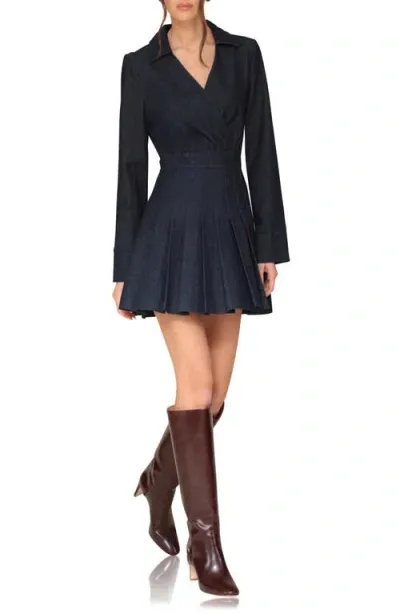 Avec Les Filles Pleated Long Sleeve Denim Wrap Minidress In Ink Blue Wash