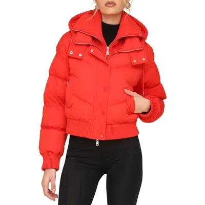 Avec Les Filles Water Resistant Crop Bomber Puffer Jacket With Attached Zip Bib In Maraschino