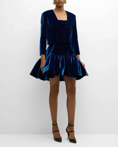 Bach Mai Collarless Sculpted Velvet Crop Jacket In French Blue Velvet