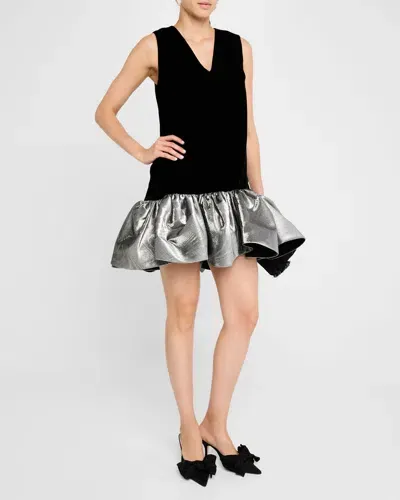 Bach Mai Sleeveless Velvet Mini Babydoll Dress With Metallic Ruffle In Black Silver