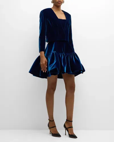 Bach Mai Volant Strapless Velvet Mini Dress In Blue