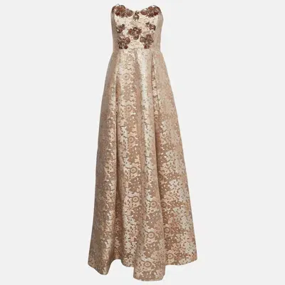 Pre-owned Badgley Mischka Gold Brocade Sequin Embellished Strapless Gown M