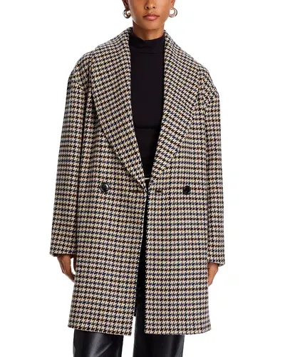 Bagatelle Shawl Collar Mid Length Coat In Blue Houndstooth