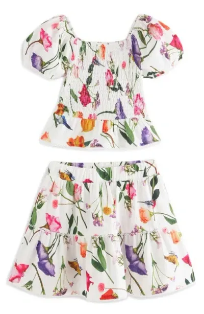 Baker By Ted Baker Kids' Floral Print Shirred Top & Skirt Set In White