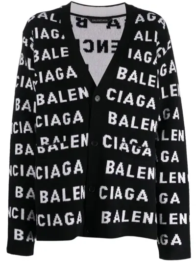 Balenciaga Logo Intarsia Wool Cardigan In Multicolor