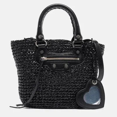 Pre-owned Balenciaga Black Woven Leather And Straw Le Cagole Basket Tote