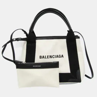 Pre-owned Balenciaga Black/off-white Canvas And Leather Navy Cabas Xs Tote Bag