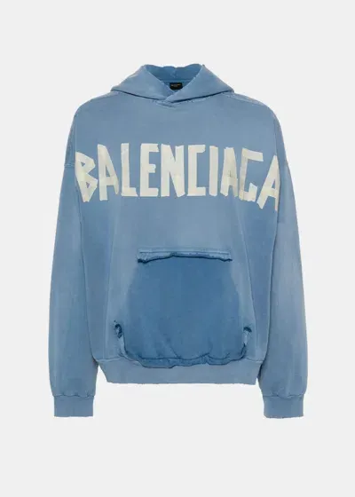 Balenciaga Oversized Distressed Logo-print Cotton-jersey Hoodie In Faded Blue