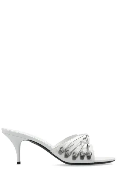 Balenciaga Cagole Leather Lace-up Mule Sandals In Optic Whitesilver