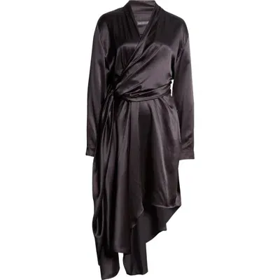 Balenciaga Draped Long Sleeve Silk Satin Wrap Dress In 1000 Black