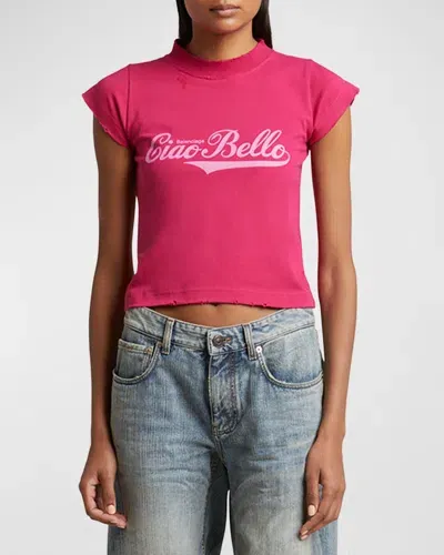 Balenciaga Logo Distressed Crop Shrunk T-shirt In Magenta