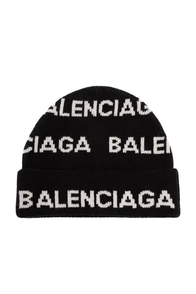 Balenciaga Logo Intarsia Beanie In Black