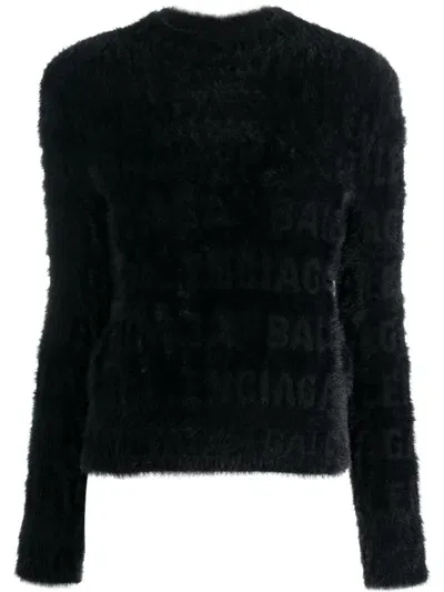 Balenciaga Logo-knit Fuzzy Jumper In Black