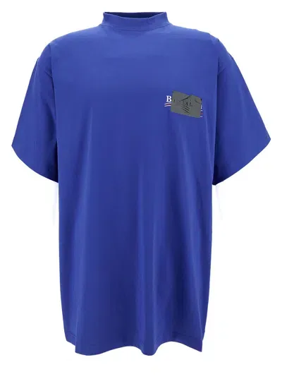 Balenciaga Oversized Blue T-shirt With Contrasting Logo Print In Cotton Man