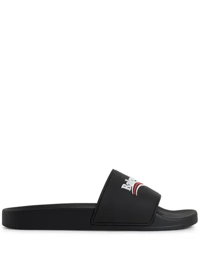 Balenciaga Political Logo Slide Pool Sandals In Black