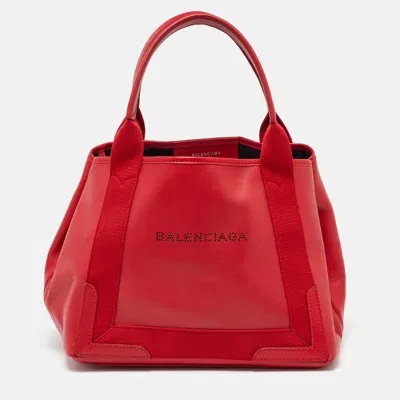 Pre-owned Balenciaga Red Leather S Navy Cabas Tote