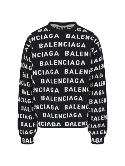 Balenciaga All-over Embroidered Logo Sweater In Black