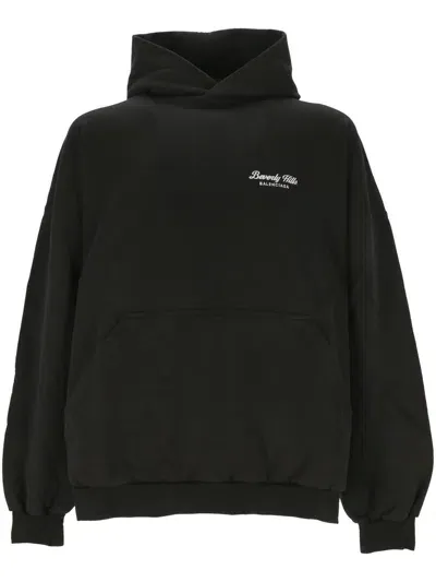 Balenciaga Oversized Distressed Logo-embroidered Cotton-jersey Hoodie In Black