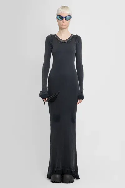 Balenciaga Distressed Lace-trimmed Ribbed Cotton-jersey Maxi Dress In Black