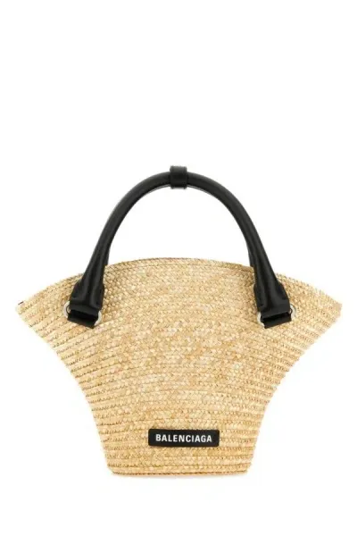 Balenciaga Mini Leather-trimmed Straw Tote In Natural