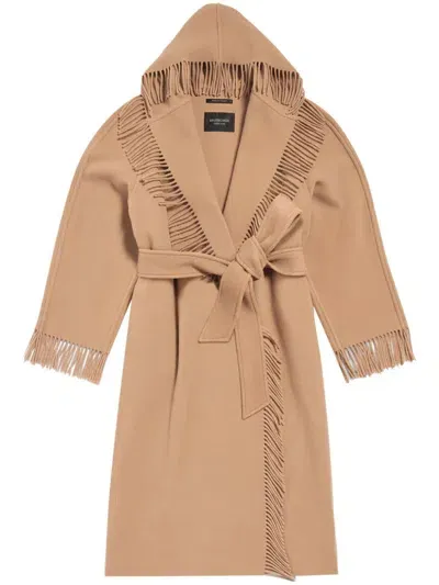 Balenciaga Wool Fringed Coat In Beige