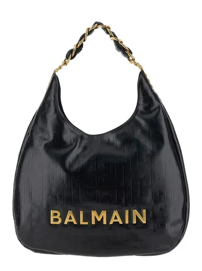 Balmain 1945 Soft Hobo Cabas-emb Crin Calf Mng In Black