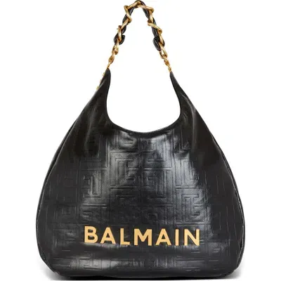 Balmain 1945 Soft Monogram Embossed Leather Hobo Bag In 0pa Black